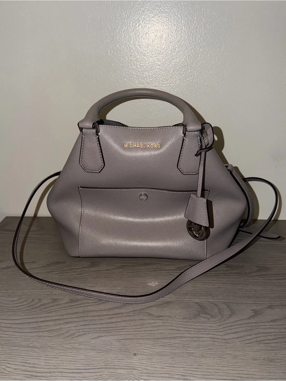 Michael Kors Gray Saffiano Satchel Crossbody Bag MK Charm